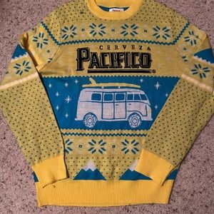 Cerveza Pacifico Ugly Christmas Sweater Blue and Yellow with Volkswagen Van